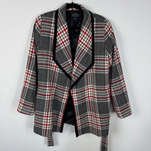 Pendleton 100% Virgin Wool Red & Tan Open Front Plaid Jacket Coat - Picture 1 of 5